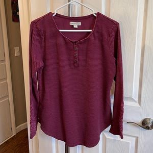 Coldwater Creek Burgundy Henley with Embroidered Sleeves and Collar Size Large